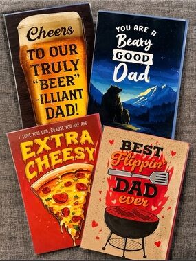 Set of 4 Father's‎ Day Greeting Cards - Bold Red, Yellow, Blue, Tan Designs